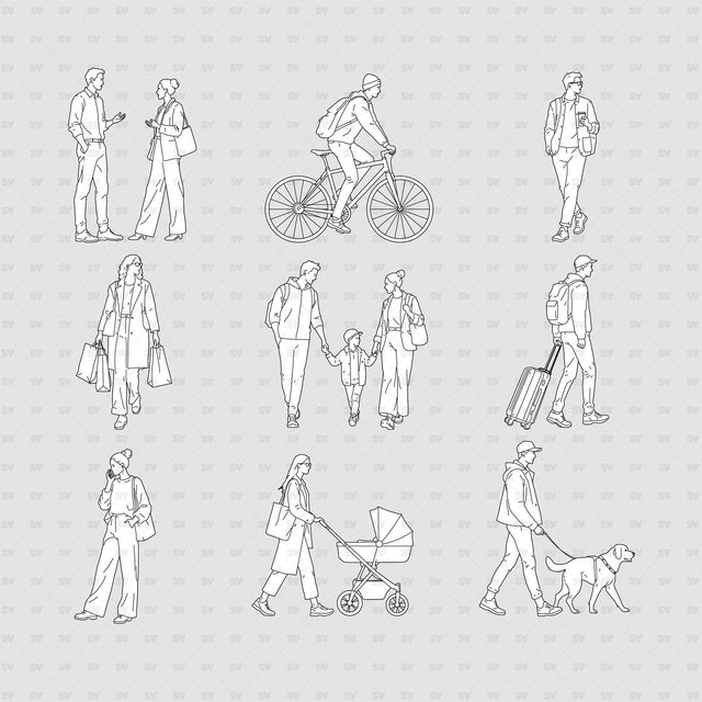 Full set of people in public places on a grey background