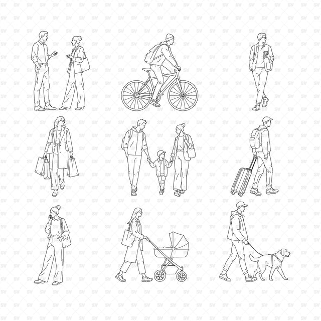 Nine public-space scenes containing twelve people on white