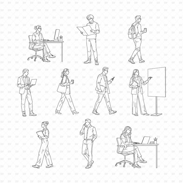 Ten office people and a separate whiteboard, full set on white
