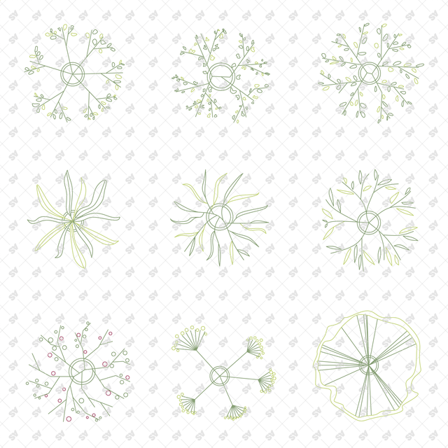 CAD Vector Line-Art Plants, Trees in Planters (Top View)