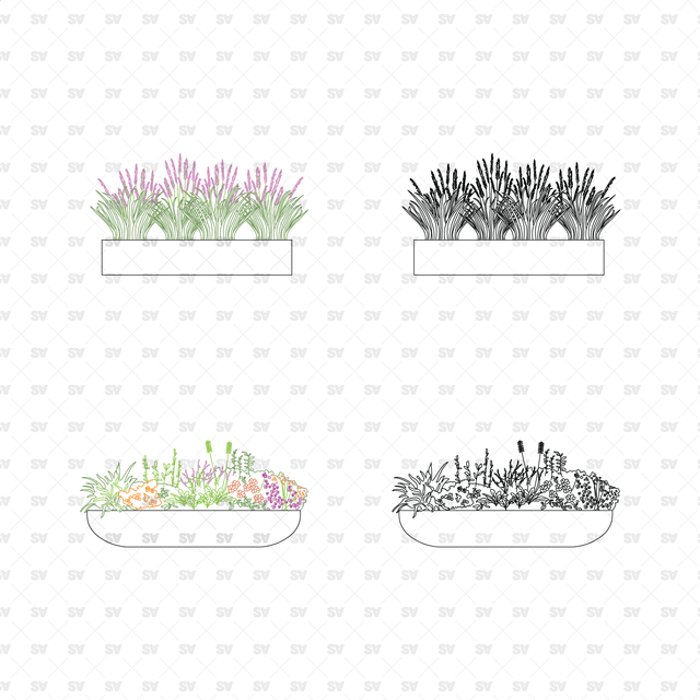 CAD, Vector, PNG Urban Plants in Planters in Color and B/W