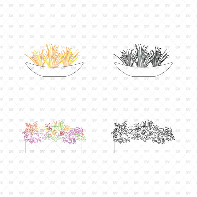 CAD, Vector, PNG Urban Plants in Planters in Color and B/W