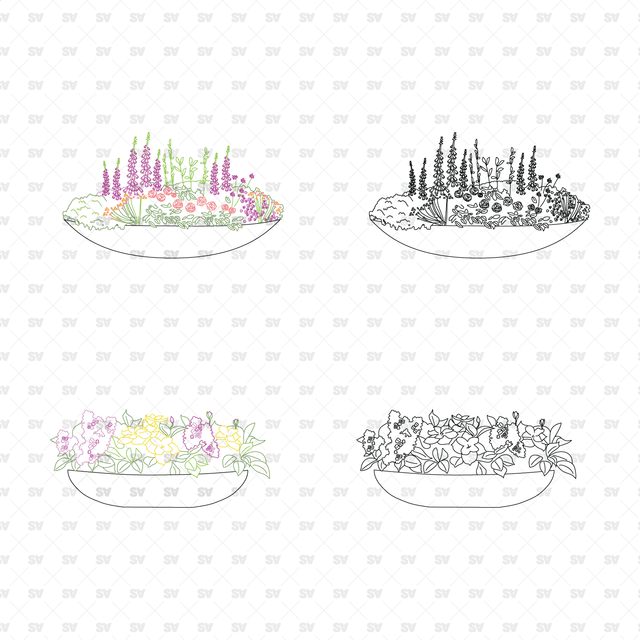CAD, Vector, PNG Urban Plants in Planters in Color and B/W