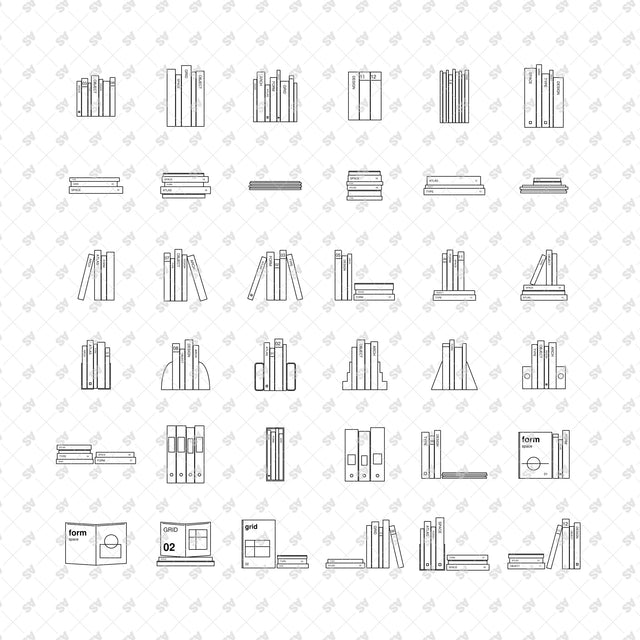 36 minimal design book and shelf arrangements in front view, complete CAD, SVG and PNG catalogue