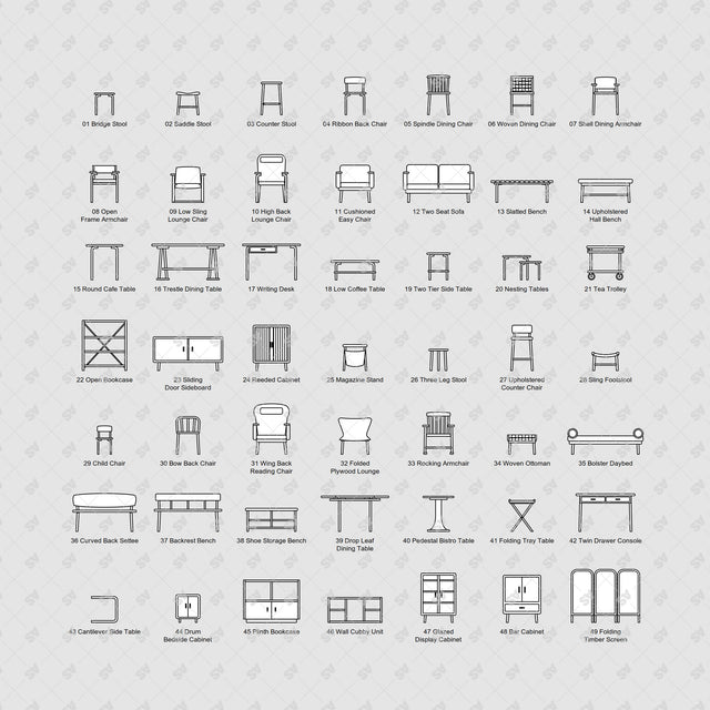 Complete catalogue of 49 Nordic bentwood furniture front elevations on light gray