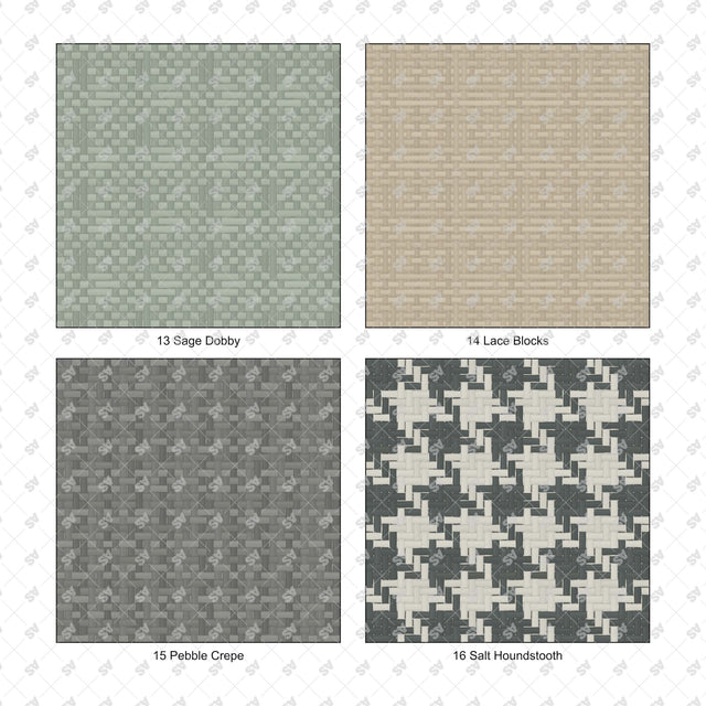 Woven fabric pattern details: Sage Dobby, Lace Blocks, Pebble Crepe, Salt Houndstooth