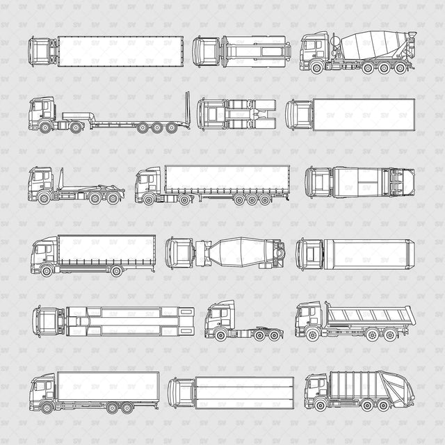 Nine trucks in plan and side elevation on a gray background