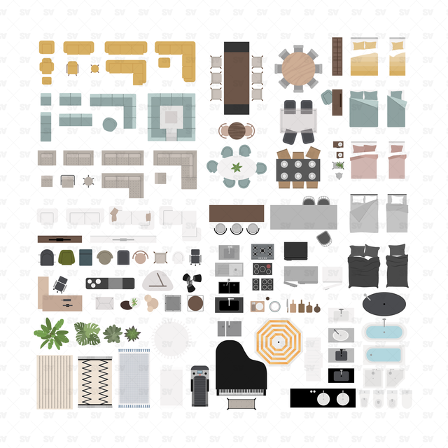 Vector and PNG Entire Home Interior Design Furniture Mega-Pack (Top View)