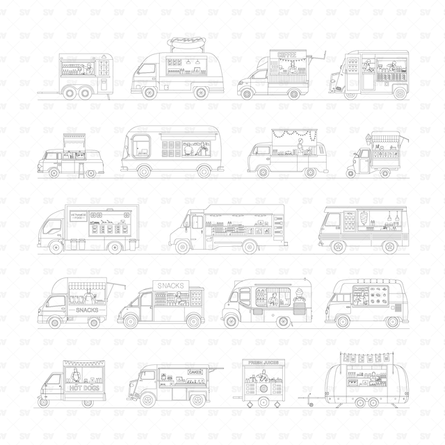 CAD & Vector Food Trucks Mega-Pack (Side, front, top views)