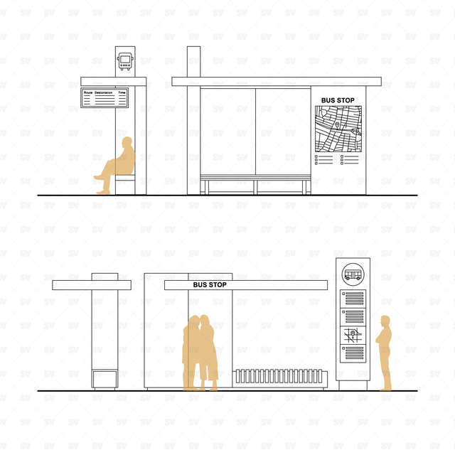 CAD, Vector Bus Stops in Front and Side Views