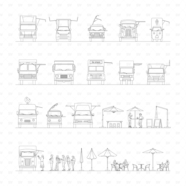 CAD & Vector Food Trucks Mega-Pack (Side, front, top views)