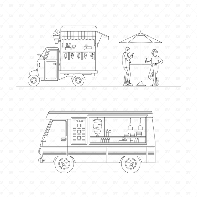 CAD & Vector Food Trucks Mega-Pack (Side, front, top views)