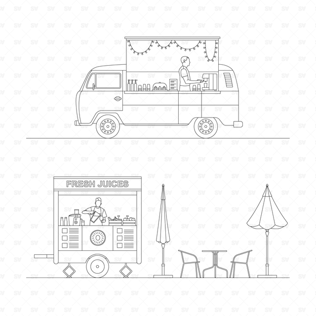 CAD & Vector Food Trucks Mega-Pack (Side, front, top views)
