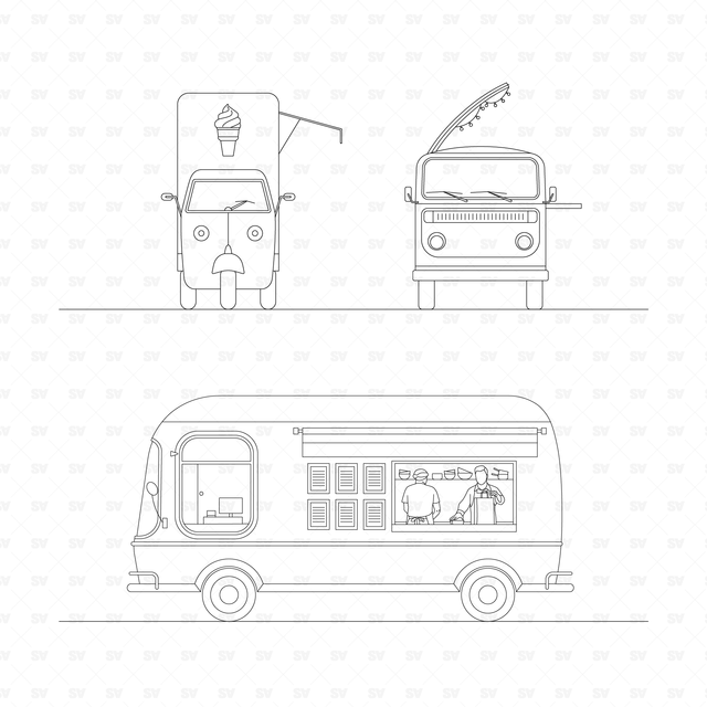 CAD & Vector Food Trucks Mega-Pack (Side, front, top views)