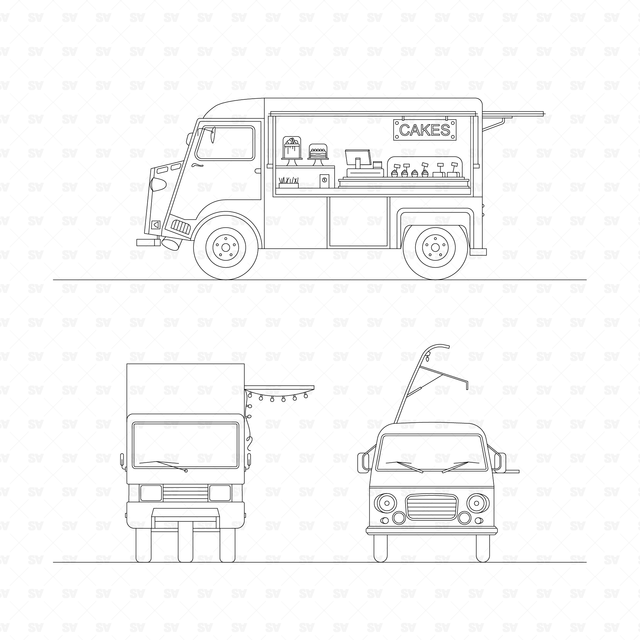 CAD & Vector Food Trucks Mega-Pack (Side, front, top views)