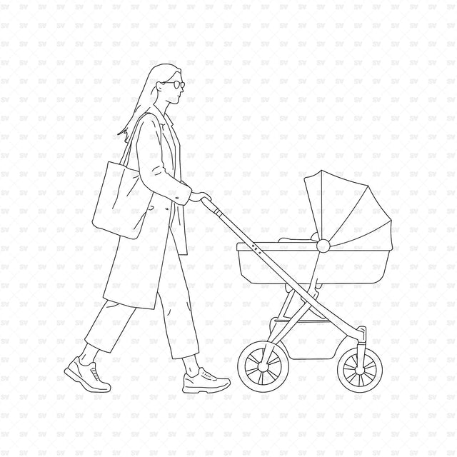Woman pushing a stroller, People in Public Places ArchiCAD, Illustrator and PNG set
