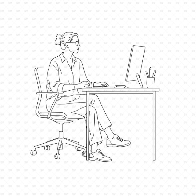 Woman working at a desktop computer, People Office ArchiCAD, Illustrator and PNG set