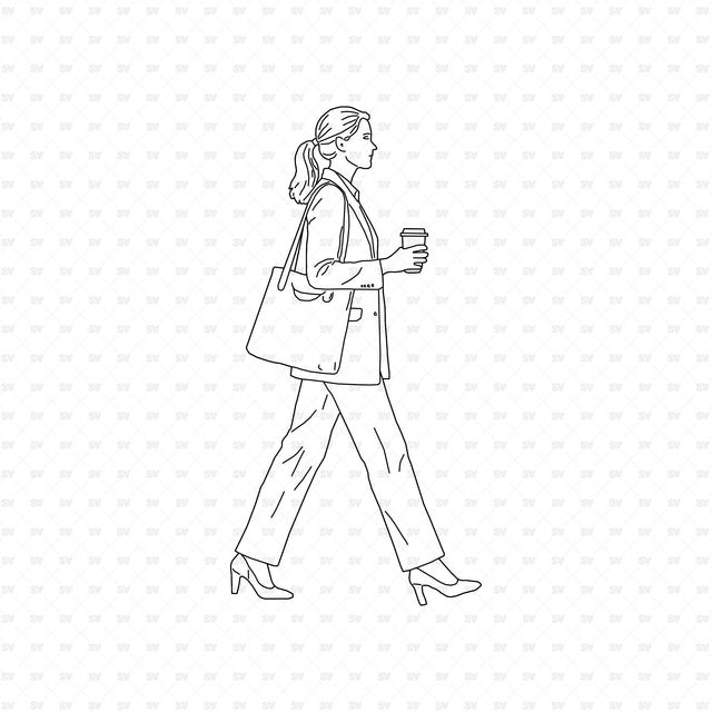Woman walking with coffee and a bag, People Office ArchiCAD, Illustrator and PNG set