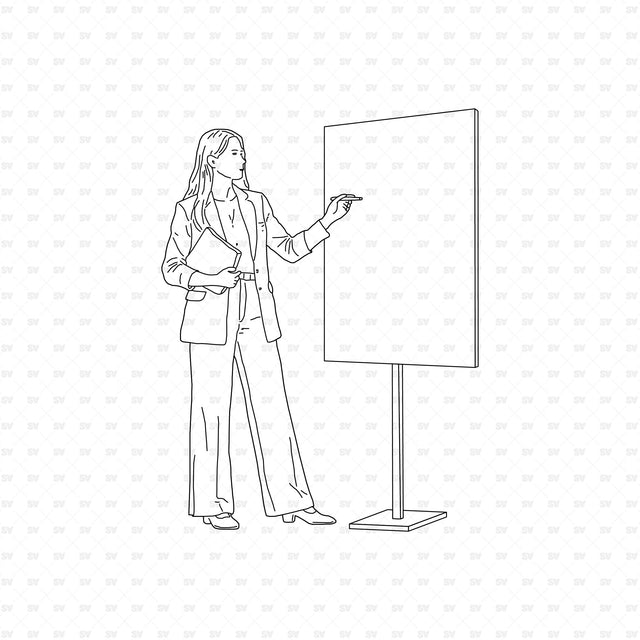 Woman presenting beside a blank whiteboard, People Office ArchiCAD, Illustrator and PNG set