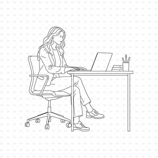 Woman typing at a laptop, People Office ArchiCAD, Illustrator and PNG set