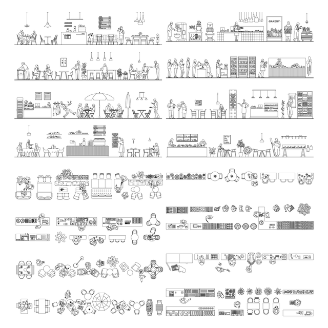 CAD, Vector All You Need for a Bakery and a Coffee Shop Design Mega Pack (Top, Side View)