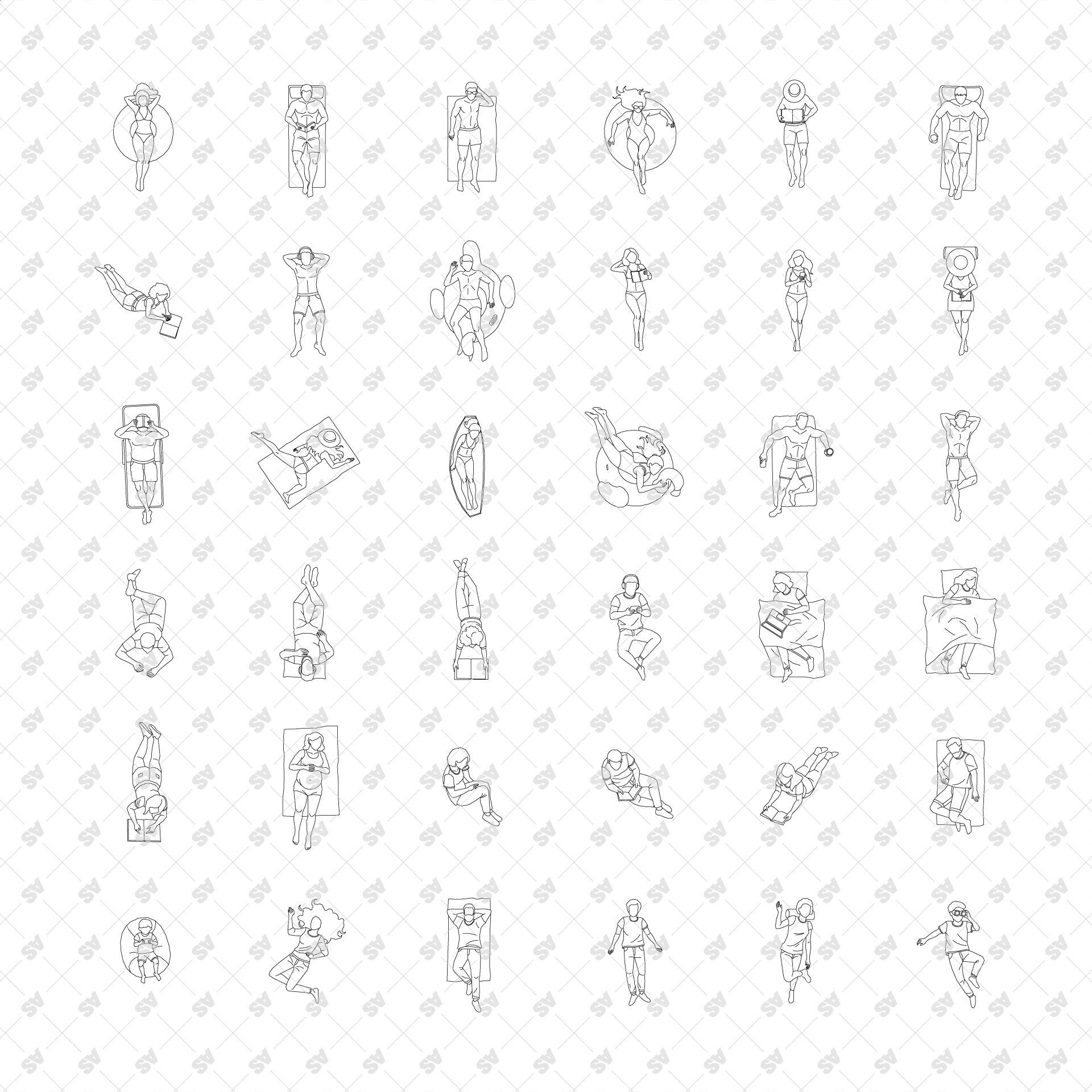 CAD, Vector, PNG Chilling Characters in Plan View Multi-Pack (Top View ...