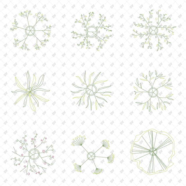 CAD Vector Line-Art Plants, Trees in Planters (Top View)