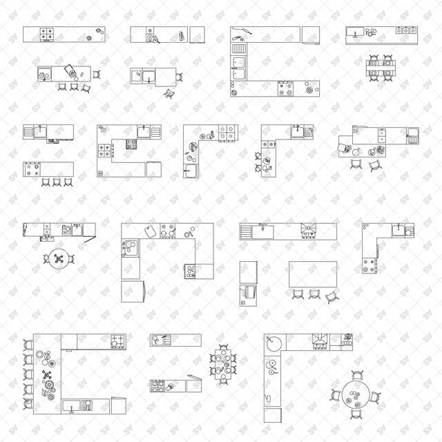 CAD, Vector Kitchens in Top View