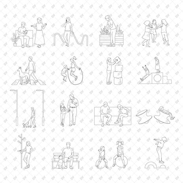 CAD, Vector, PNG People Doing Urban Activities in Front and Side Views