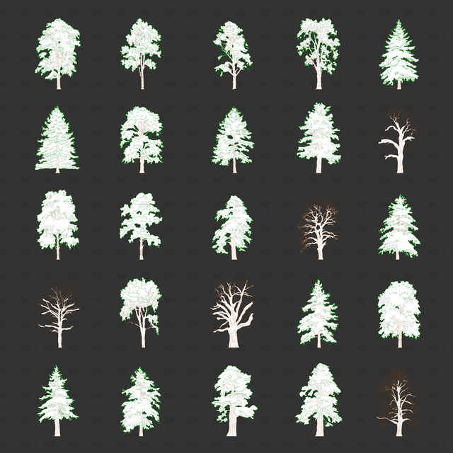 CAD, Vector, PNG Winter Trees in Color and B/W