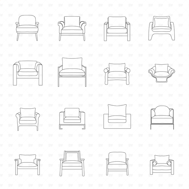 CAD, Vector, PNG Armchairs in Color and B/W (Front view)