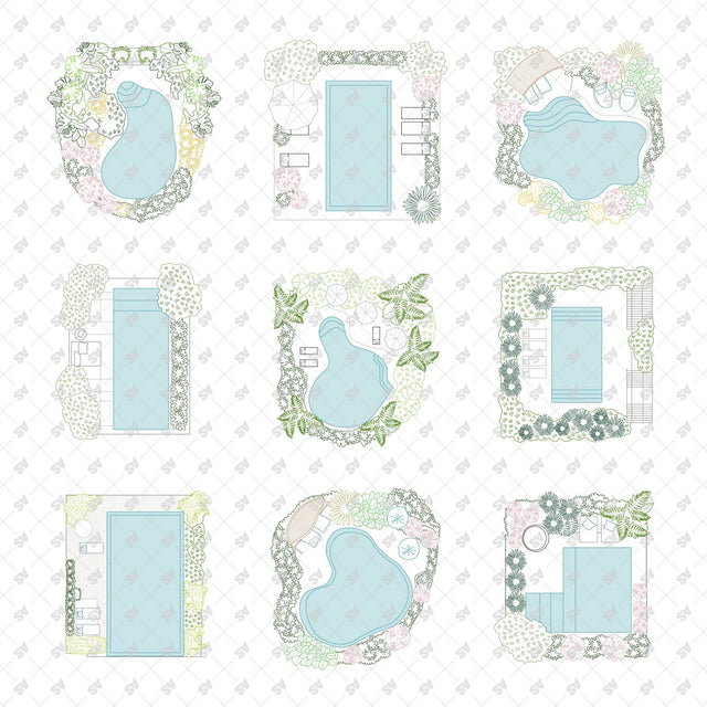 CAD, Vector, PNG Swimming Pools in Top View in Color and B/W