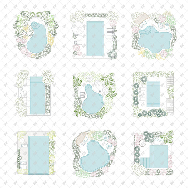 CAD, Vector, PNG Swimming Pools in Top View in Color and B/W