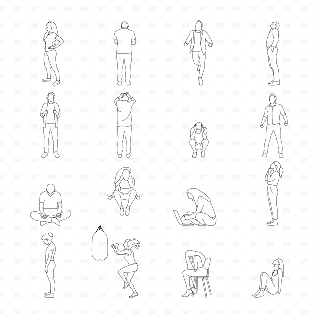 CAD, Vector, PNG Scream Room Characters in Front, Side, Back Views