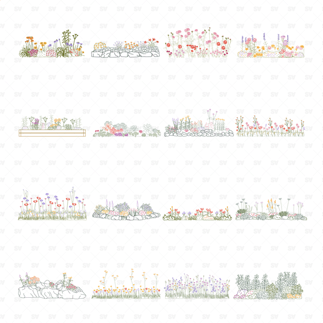 CAD, Vector Flower Beds in Color and B/W