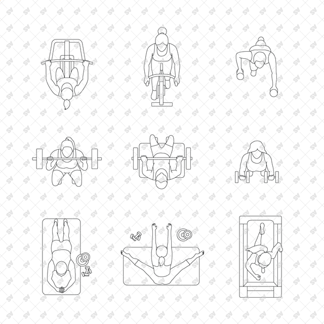 CAD, Vector, PNG Gym Workout Characters in Top View