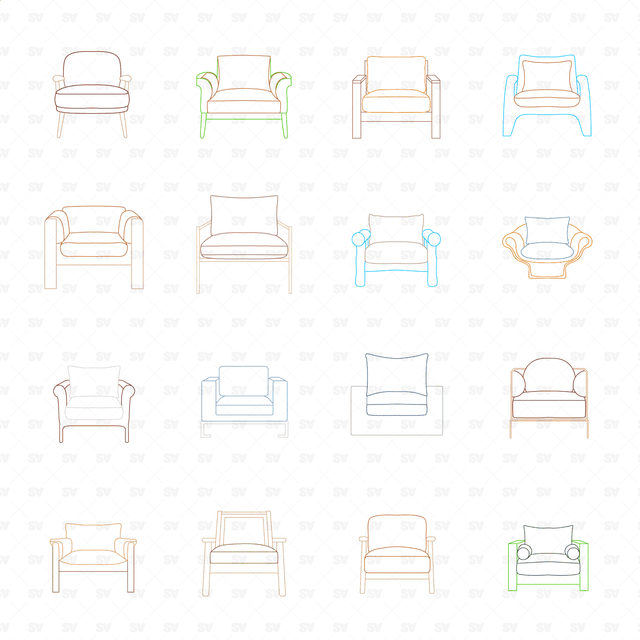 CAD, Vector, PNG Armchairs in Color and B/W (Front view)