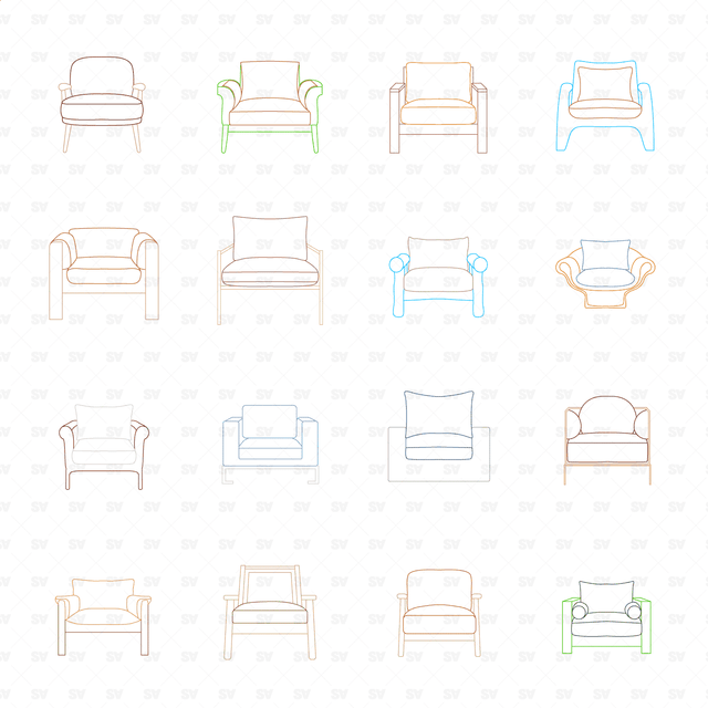 CAD, Vector, PNG Armchairs in Color and B/W (Front view)