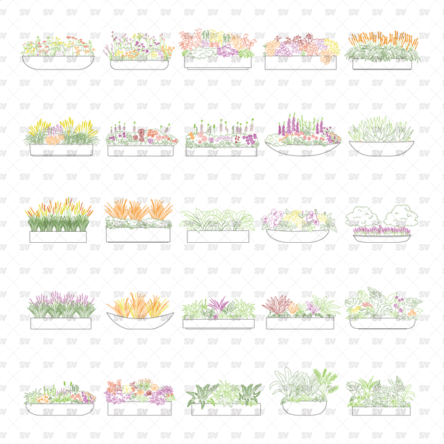 CAD, Vector, PNG Urban Plants in Planters in Color and B/W