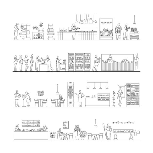 CAD, Vector All You Need for a Bakery and a Coffee Shop Design Mega Pack (Top, Side View)