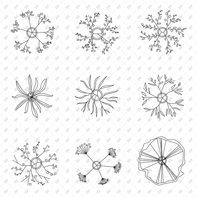 CAD Vector Line-Art Plants, Trees in Planters (Top View)