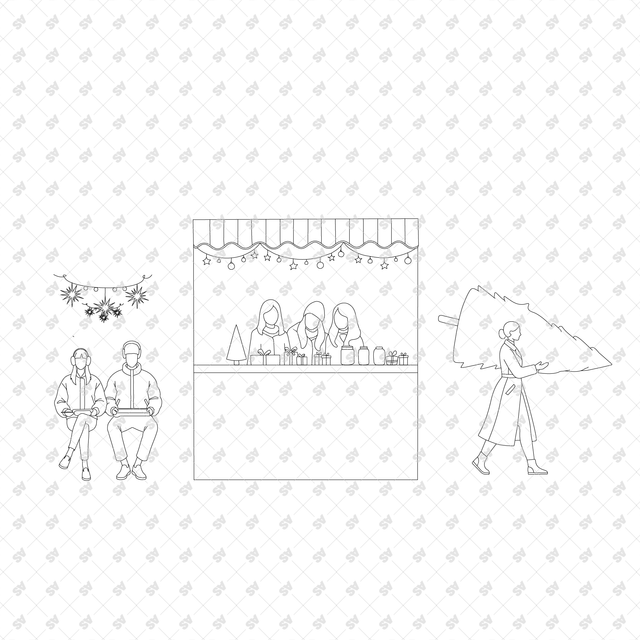 CAD, Vector, and PNG People in Winter and Christmas Activities, Front and Side Views