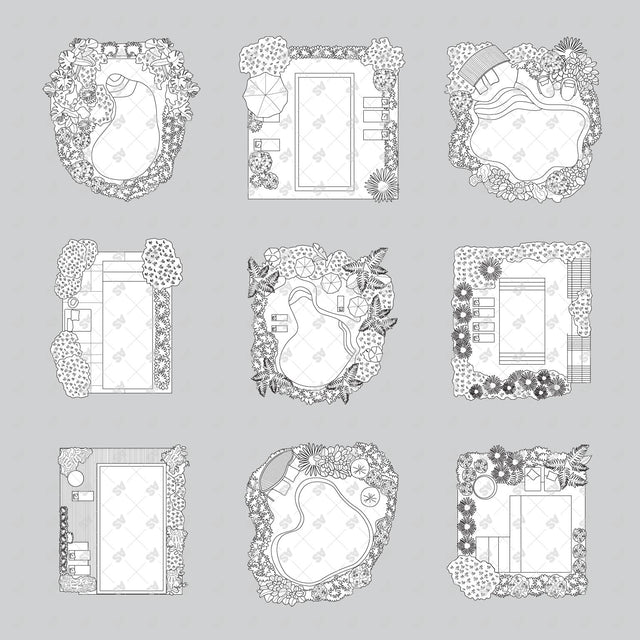 CAD, Vector, PNG Swimming Pools in Top View in Color and B/W