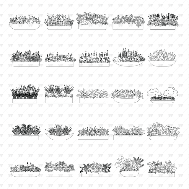 CAD, Vector, PNG Urban Plants in Planters in Color and B/W