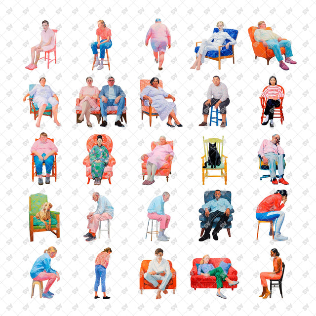 PNG Post Digital Collage Characters sitting on a Chair or on a Stool chair