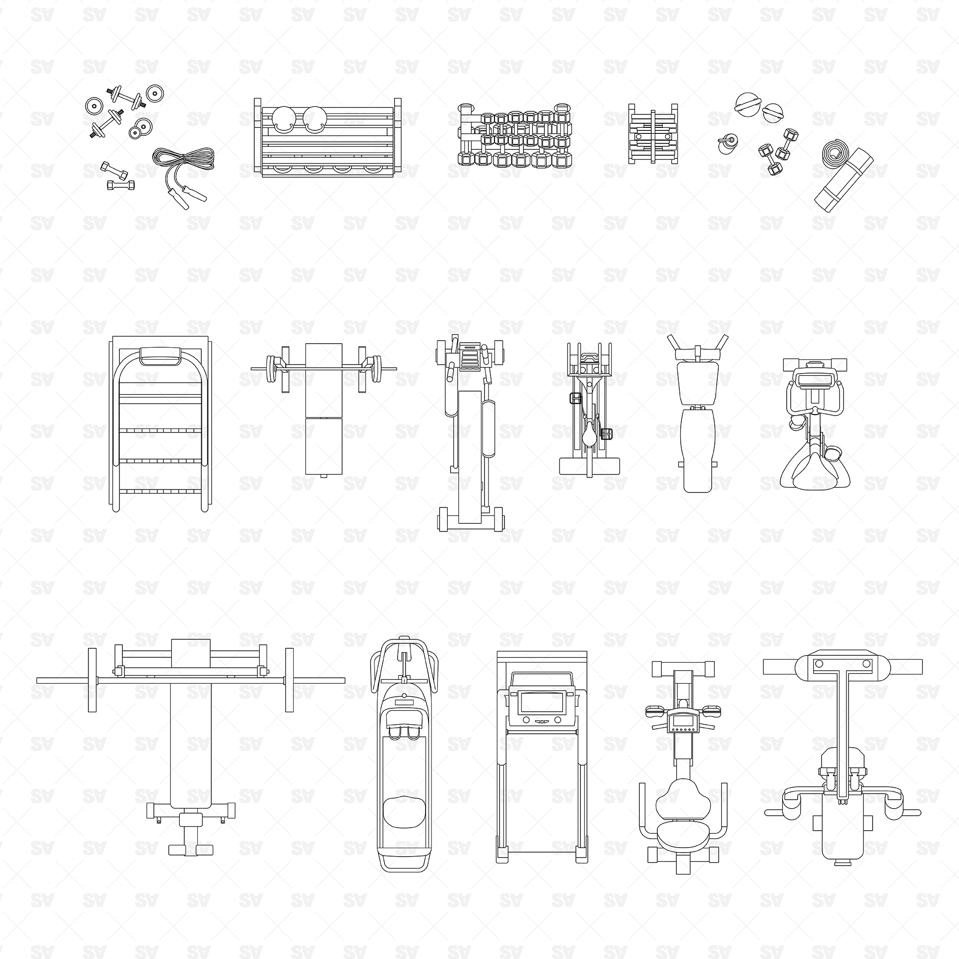 Machine Map Down Top-View Gym Equipment – CAD & Vector Line Drawings – Studio Alternativi