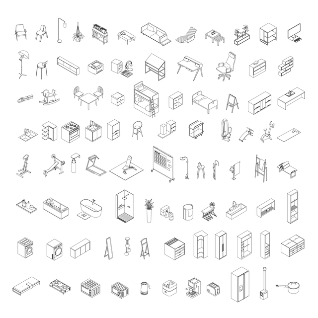 CAD, Vector Isometric Mega-Pack - furniture, appliances, lighting fixtures, design accessories, sports equipment, plumbing fixtures