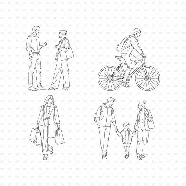 Free micro set of four public-space scenes with seven people on white