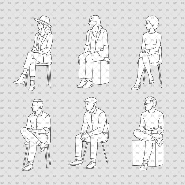 Free micro set of six seated people, figures 02, 03, 04, 07, 10 and 17