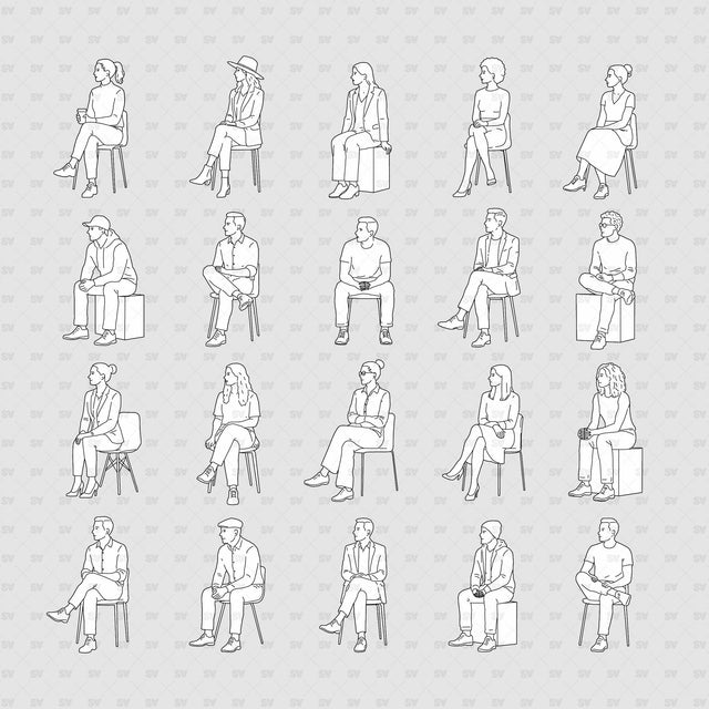 Full set of 20 seated people with chairs for architectural drawings